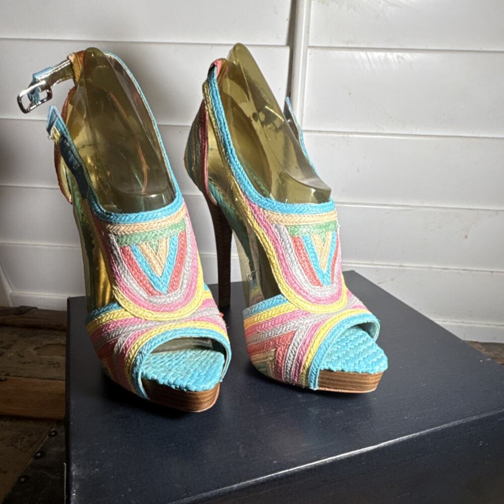 Report Signature Multicolor Striped Platform Stiletto Slingback Peep Toe 7
